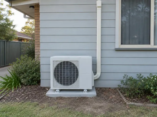 Outdoor air conditioner unit on a concrete pad beside a weatherboard house in Elizabeth North